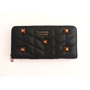 GUESS Brera Blk Quilted Vegan Leather Zip Around Wallet Brass Sruds 8X4